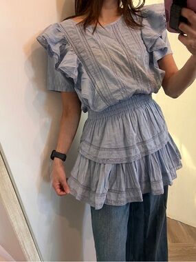 LoveShackFancy Light Blue Ruffle Tiered Peplum Dress S